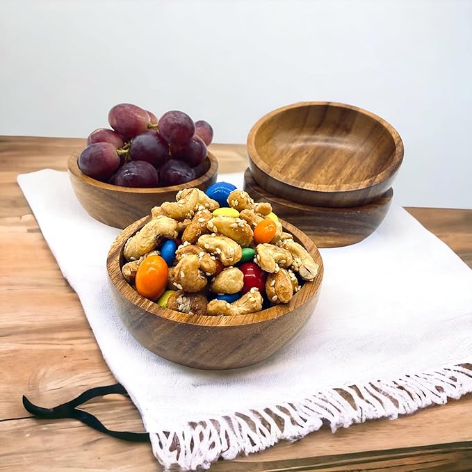 Small Wooden Calabash Bowls – 4.25” Acacia Snack, Dip & Side Dish Set of 4, Rustic Handmade Condiment Serving Bowls, Gift Ready
