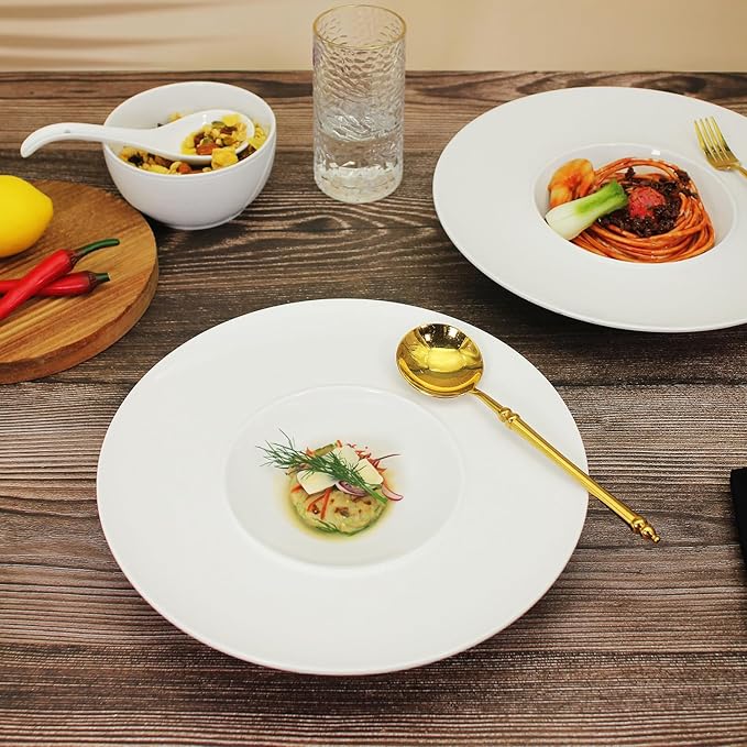 Ceramics Rimmed Soup Bowls 8.5 oz, White 10.4 inch Exquisite small soup plate Set of 4, Pasta plates With Rim is the best choice for hotels, kitchens, fine restaurants and gourmets