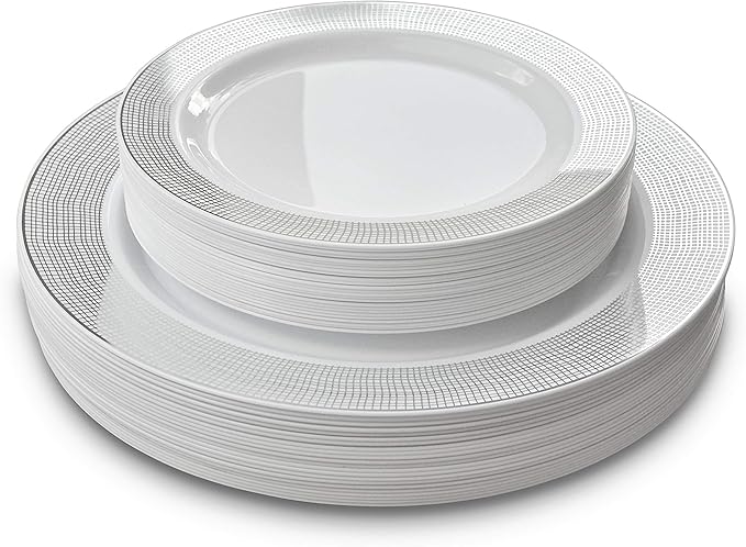 OCCASIONS 240 Plates Pack,(120 Guests) Heavyweight Premium Wedding Party Disposable Plastic Plates Set -120 x 10.5'' Dinner + 120 x 7.5'' Salad/Dessert (Linen White & Silver)