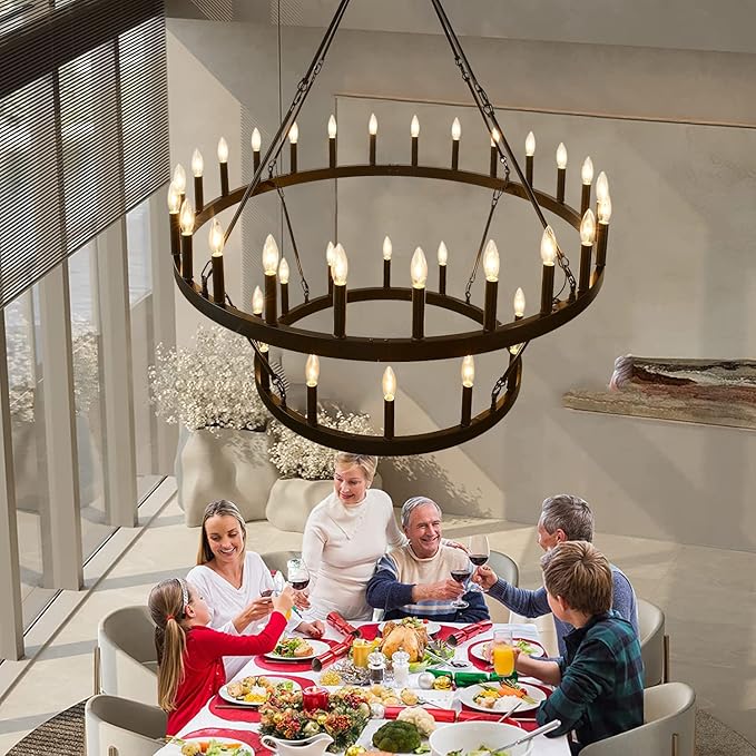 48 Inch Large Black Wagon Wheel Chandelier,2 Tier 36-Lights Farmhouse Industrial Country Style Round Pendant Light Fixture for Outdoor Porch high Ceilings Living Dining Room Foyer Entryway