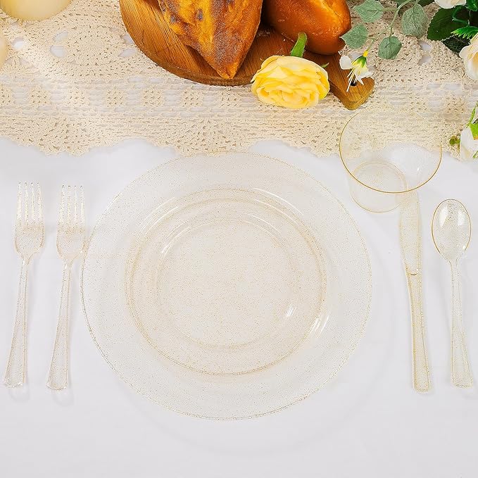 WELLIFE 450 PCS Gold Glitter Disposable Dinnerware Set for 75 Guests, Plastic Plates for Party, Including 75 Dinner & Salad Plates, Cups, Forks Knives Spoons for Wedding and Party Supplies
