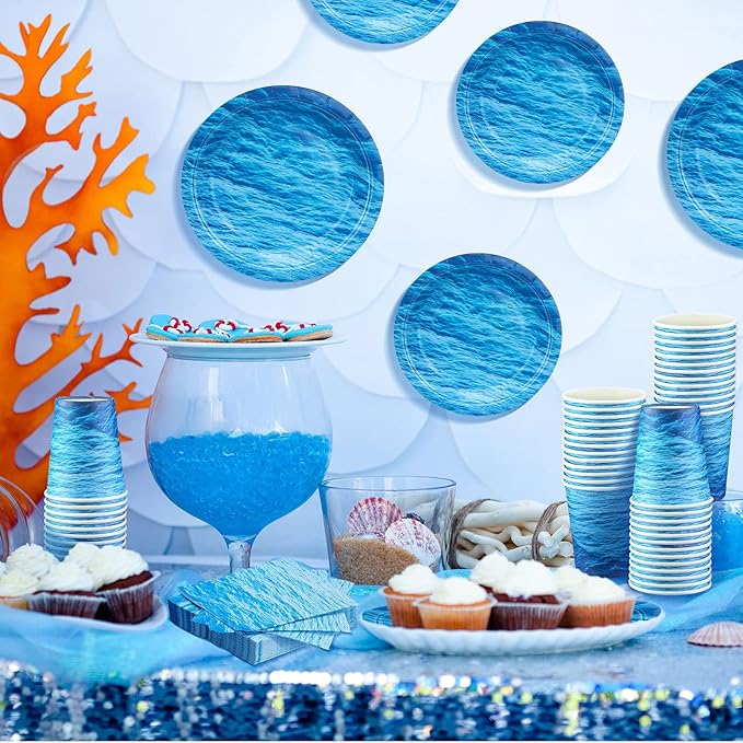Marsui 200 Pieces Party Supplies Tableware Set Patterns Printed Plates Napkins Cups Table Decorations for Baby Shower Birthday Party (Ocean Style)