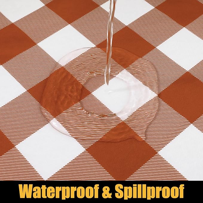 Smiry Rectangle Picnic Table Cloth, Elastic Waterproof Fitted Vinyl Tablecloths, Flannel Backed Buffalo Plaid Table Covers for Dining, Camping, Outdoor, Thanksgiving (White and Rust, 30" x 72")