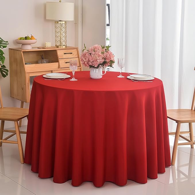 2-Pack Round 108-inch Red Table Cloths, Solid Stain and Wrinkle Resistant Circular Tablecloth, Premium Plain Weave Polyester Fabric Table Linen Covers for Hotel, Banquet