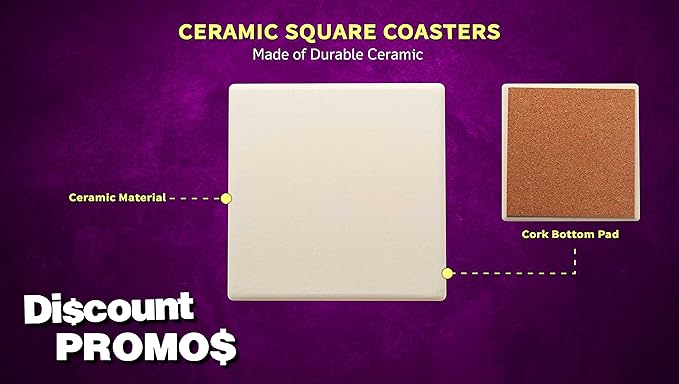 10 4" Square Ceramic Coasters Set - Cork Bottom, Serve Ware - Natural