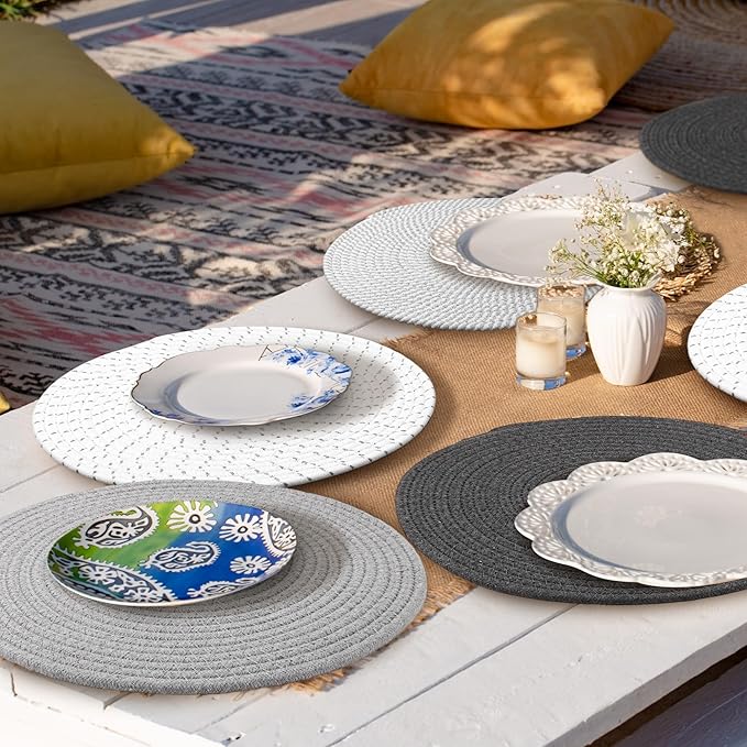 Kochorie Set of 4 Round Woven Cotton Placemats, 13 Inch Boho Table Mats for Kitchen and Dining Table, Farmhouse Heat Resistant Washable Trivets, Fall Thanksgiving Christmas Décor (Mixed Gray)