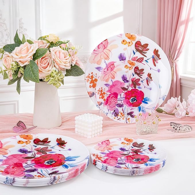 DaYammi 20Pcs Floral Disposable Plastic Plates-Disposable Heavy duty Watercolor Floral Plastic Plates 10.25 inch Dinner plates and 7.5 inch Dessert plates, Disposable Plate for Valentine's Day Party