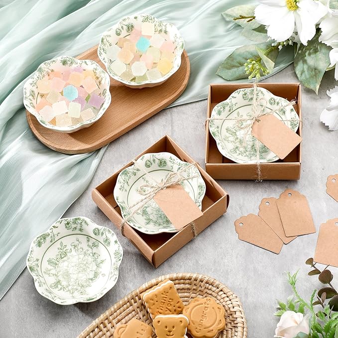 48 Pcs Wedding Favors for Guests Small Ceramic Bowl Bulk Gifts Set 3.3 Inch Floral Design Mini Dipping Sauce Dish with Card Box for Bridal Pooja Baby Shower Birthday Guest Gift (Sage Green)