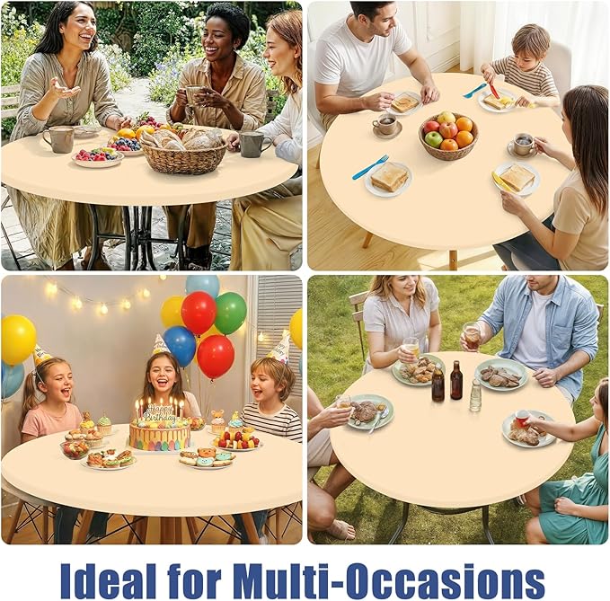 Round Spandex Tablecloth, Elastic Fitted Waterproof Tablecloths for 45"-56" Tables, Stretch Washable Picnic Table Cover for Camping, Dining, Indoor and Outdoor,Ivory