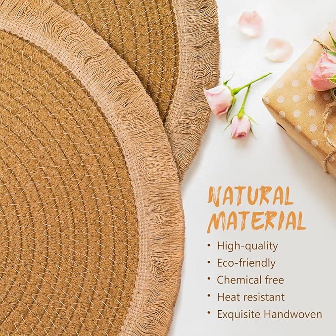 13.8 in Round Woven Placemats Set of 8, Washable Cotton Rope Place Mats for Dining Table Decor, Boho Farmhouse Rustic Table Mats Plate Chargers for Dinner Plates