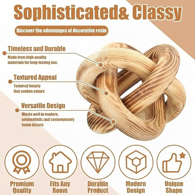 3 Link Wood Knot Decor Rustic Home Décor Accents Hand Carved Coffee Table Decoration, Boho Chain Link Decoration, Modern Shelf, Rustic Objects for Home Living Room Bedroom(Burnt)