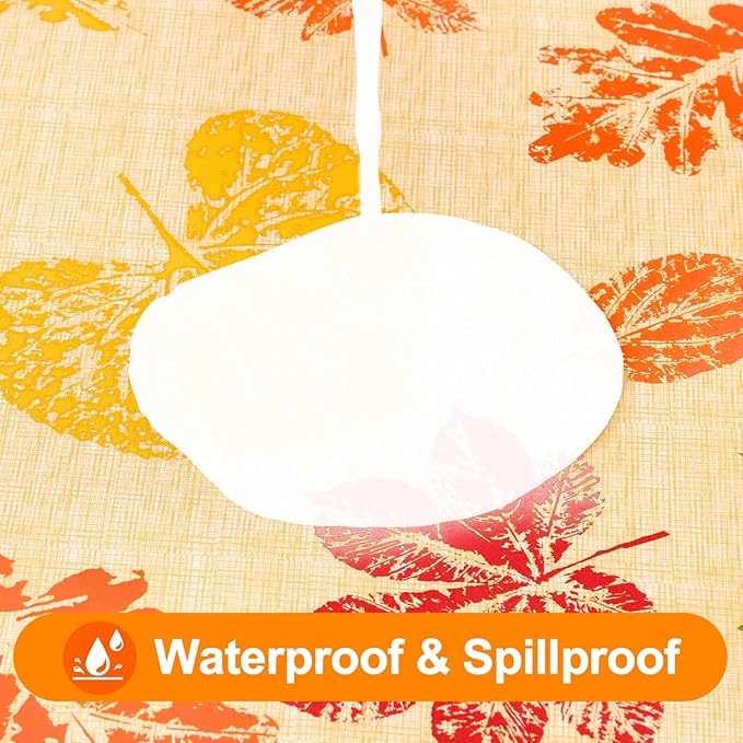 Smiry Fall Rectangle Table Cloth, Waterproof Vinyl Tablecloth with Flannel Backing, Wipeable Autumn Leaves Plastic Tablecloths for Harvest and Thanksgiving Parties, (60"x84", Rust & Yellow)