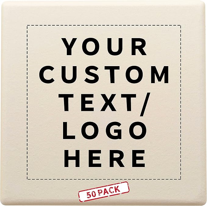 50 4" Square Ceramic Coasters Set - Customizable Text, Logo - Cork Bottom, Serve Ware - Natural