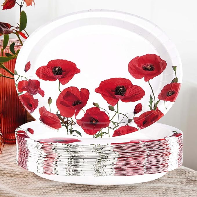 50Pcs Poppy Floral Oval Paper Plates 10" x 12" Large Disposable Heavy Duty Spring Poppies Dessert Platters Watercolor Red Flowers Dinner Plates for Seasonal Bridal Shower Tea Garden Party Supplies