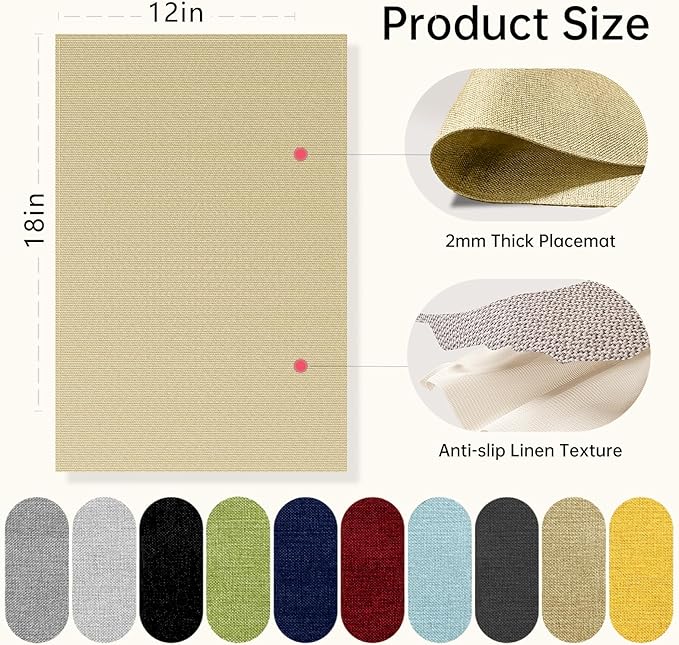 Blue Forest Placemats Set of 6, Dual-Layered Thickened Faux Linen Table Mats Heat Resistant Machine Washable Wrinkle Free Place Mats for Kitchen Dining Outdoor/Indoor (Beige)