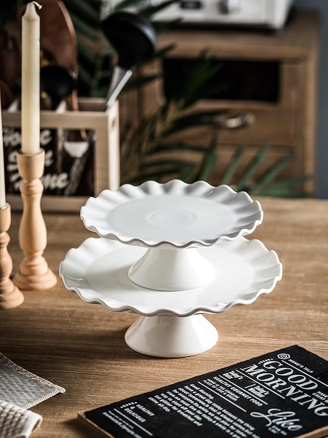 White Cake Stand, 10 Inch Cake Stands for Tea Party, Round Dessert Stand for 8 Inch Cake, Small Cake Plate Cupcake Stand for Dessert Table Display, Ruffle Trim