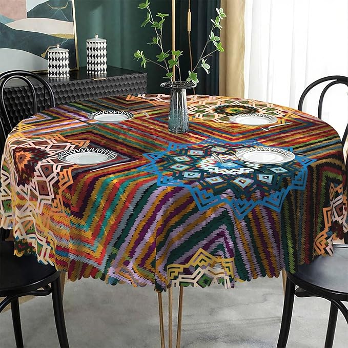 Laeacco 70 Inch Colorful Patchwork Round Tablecloth Woven Flowers Geometric Abstract Art Print Table Cloth Washable Waterproof Wrinkle Free Table Cover for Kitchen Dining Picnic Party Decoration
