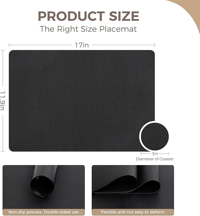Vinyl Placemats Set of 8, Faux Leather Waterproof and Heat Resistant Place Mats, Washable Anti-Slip Table Mats with Coaster, Wipeable Placemats for Indoor & Outdoor 17" x 12" (Black, Set of 8)
