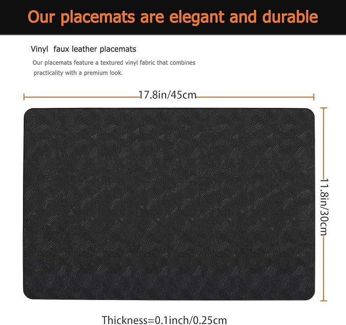 Vinyl Placemats Set of 8 Faux Leather 100% Waterproof Wipeable Washable Place Mats Heat Resistant Easy Clean Non-Slip Table Mats for Indoor Outdoor. (8,Black)