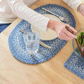 Homespice Denim Jute Braided Placemats, Country Coastal Decor, Set of 4, Blue 13x19 Oval Table Mats - Vibrant Colors, Durable, Easy to Clean and Protects Furniture