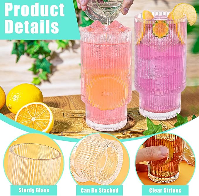 4 Pack Ribbed Drinking Glasses,Ribbed Glassware,11oz Ribbed Glass Cups,Clear Cocktail Drinking Glasses Vintage Fluted Glassware for Whiskey Beer Juice Cocktail Water