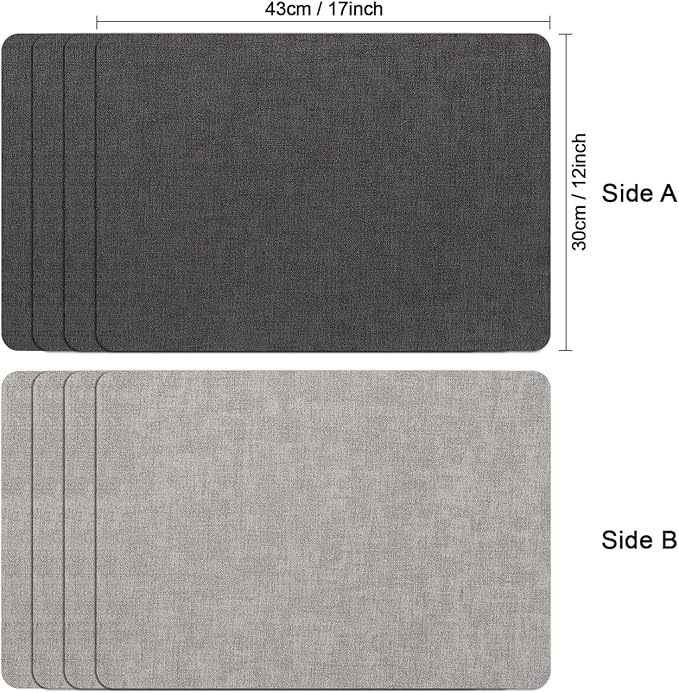 Myir JUN Reversible Vinyl Placemats Set of 8, Faux Leather Place Mats Dual Sided Waterproof Oilproof Wipeable, Heat-Resistant Table Mats for Kitchen Dining Indoor Outdoor (12" x 17", Light Gray Gray)