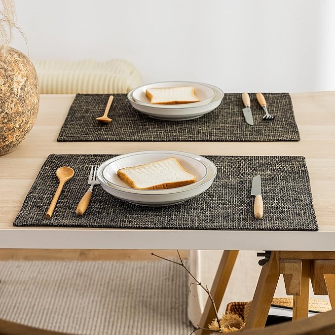 Placemats by Kevin Textile Set of 4 Heat Resistant Dining Table Place Mats Kitchen Table Mats, 13" x 19", Black Gold