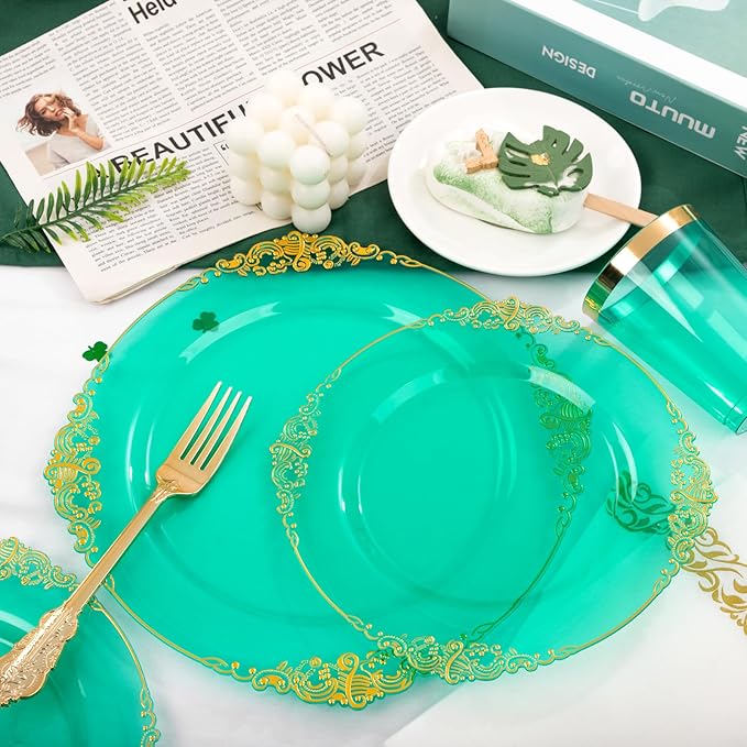 Hioasis 175pcs Clear Green Plastic Plates - Elegant Disposable Dinnerware Set Suitable for 25 Guests Include 10.25" Dinner & 7.5" Dessert Plates, Cutlery, Napkins, Cups for Party & St. Patrick's Day