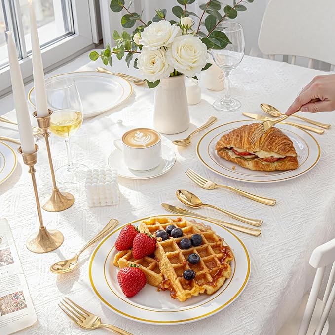WDF300 Pieces Gold Plastic Silverware - Heavy Duty Disposable Cutlery Set Plastic Gold Silverware Set Includes 100 Forks, 100 Spoons, 100 Knives for Party Valentine’s Day