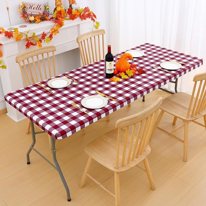 Smiry Rectangle Picnic Table Cloth, Elastic Waterproof Fitted Vinyl Tablecloths, Flannel Backed Buffalo Plaid Table Covers for Dining, Camping, Outdoor (Burgundy and White, 30" x 48")