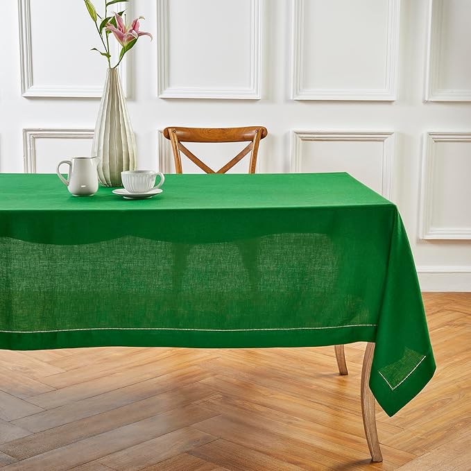 Solino Home Garden Green Linen Tablecloth 60 x 132 Inch - 100% Pure Linen Hemstitch Table Cloth for Rectangle Tables - Classic Hemstitch, Washable Tablecloth for Winter, St Patricks Day, Easter
