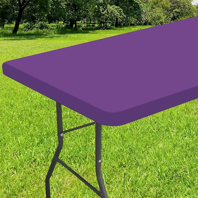 Smiry Rectangle Tablecloth, Elastic Fitted Flannel Backed Vinyl Tablecloths for 8ft Folding Tables, Waterproof Wipeable Table Covers for Indoor, Outdoor, Picnic and Camping (Purple, 30"x96")