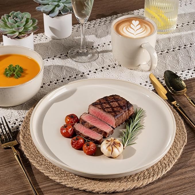 GBHOME Ceramic Dinnerware Sets for 6, 18 Pieces Stoneware Plates and Bowls Sets, Scratch Resistant Dishes, Dishwasher & Microwave Safe, Reactive Glaze-Vanilla color