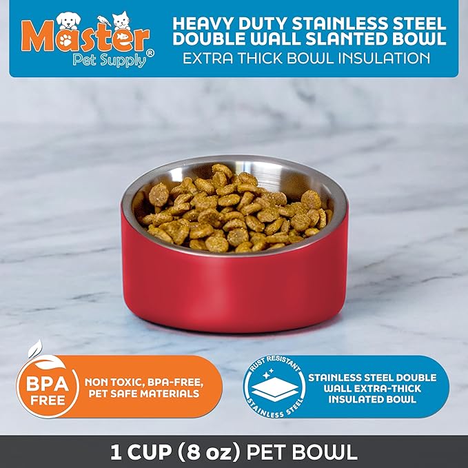 Master Pet Supply Stainless Steel Slanted Dog Cat Food Bowl - 8 oz Heavy Duty - Crimson Flame, Double Wall Insulated, Non-Slip Elevated Bowl for French Bulldogs Pugs Cats, Anti Rust Dishwasher Safe