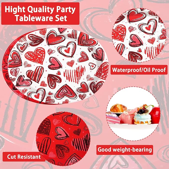 50Pcs Valentine’s Day Oval Paper Plates 10" x 12" Large Heavy Duty Watercolor Red Heart Disposable Plates Valentines Dessert Platters for Anniversary Wedding Birthday Party Supplies Decor