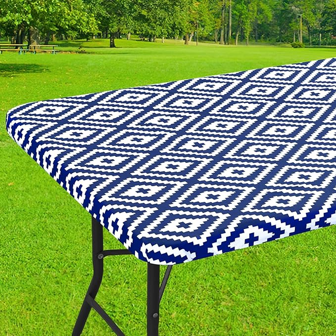 Smiry Rectangle Table Cloth Cover, Waterproof Elastic Fitted Picnic Tablecloth for 4 Foot Tables, Wipeable Flannel Backed Vinyl Tablecloths for Camping, Dining, Outdoor (Navy, 30" x 48")