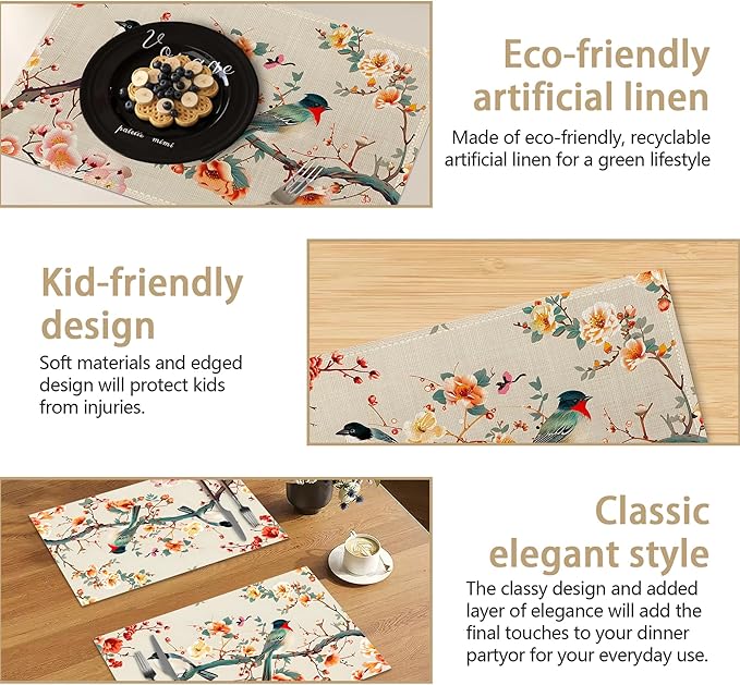 Vintage Bird Painting Placemats Set of 6, Linen Washable for Christmas, Thanksgiving, Party, and Daily Dining, Decorative Table Mats for 4-6 Person Table