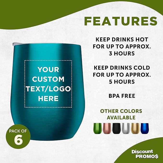 Custom Stemless Wine Glass Tumblers with Lids by Largo 11 oz. Set of 6, Personalized Bulk Pack - Perfect for Wine, Cocktails, Other Hot & Cold Beverages - Teal