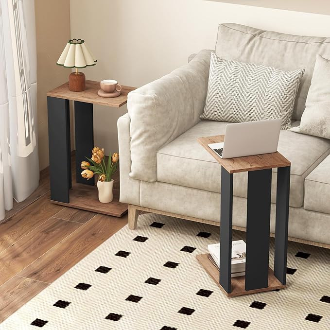 Giantex Rolling C Shaped End Table Set of 2, 2-Tier Sofa Side Table with Universal Wheels & Storage Shelf, Narrow Nightstand for Small Space, Mobile Snack Couch Tray Table for Living Room & Bedroom