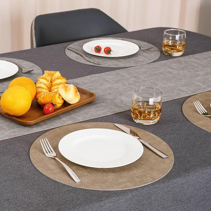 Myir JUN Reversible Vinyl Round Placemats Set of 6, Faux Leather Place Mats Dual Sided Waterproof Oilproof Wipeable, Heat-Resistant Table Mats for Kitchen Dining Indoor Outdoor (14", Light Gray Beige)