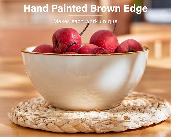 ONEMORE Ceramic Bowl Set of 6, 24 oz Soup Bowl Cereal Bowls with Brown Rim, Serving Bowls for Salad Snack Fruit Rice- Microwave Dishwasher and Oven Safe, Scratch Resistant - Cream White
