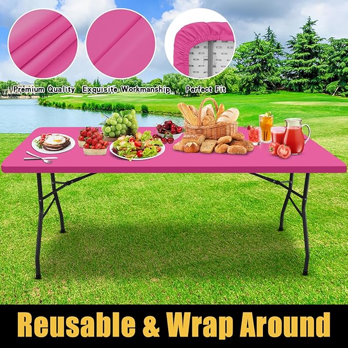 Smiry Rectangle Picnic Table Cloth, Waterproof Elastic Fitted Tablecloths for 8 Foot Tables, Washable Polyester Table Cover for Camping, Indoor and Outdoor (Rose Pink, 30"x96")