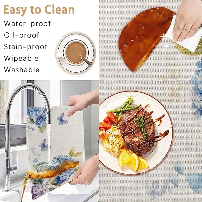 6 Pcs Placemats,Blue Hydrangea Placemat,Butterfly Floral Table Mats Washable Recyclable Table Placemats for Indoor Outdoor Heat Resistant Kitchen Dining 12"x18"
