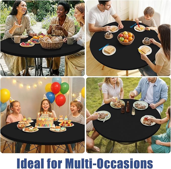 Round Spandex Tablecloth, Elastic Fitted Waterproof Tablecloths for 45"-56" Tables, Stretch Washable Picnic Table Cover for Camping, Dining, Indoor and Outdoor, Black