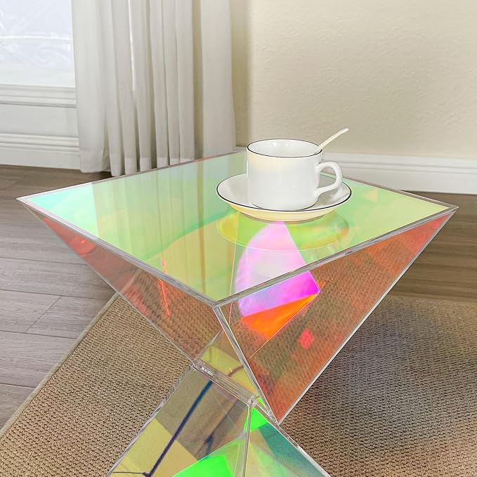BECHAEO 12.6" Iridescent Acrylic Side Table, Small End Tables for Small Spaces, Modern Acrylic End Tables Living Room Nightstand with Irregular, Lightweight Farmhouse Outdoor Side Tables for Patio