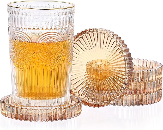 JUXYES 5 Pack Amber Tone Crystal Coasters Round Cup Mat, Glass Coasters for Drinks Coffee Tea Wine, Decorative Wine Bottle Coaster, Crystal Drink Coaster for Restaurant bar Kitchen Dining Table
