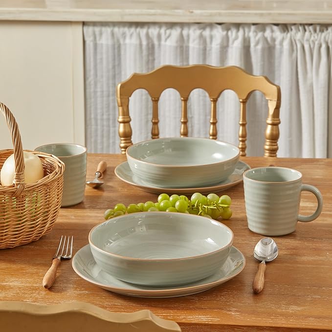 Bico Light Sage Green 45oz Stoneware Pasta Bowls Set, Set of 4, Microwave and Dishwasher Safe, for Spaghetti, Pasta, Soup