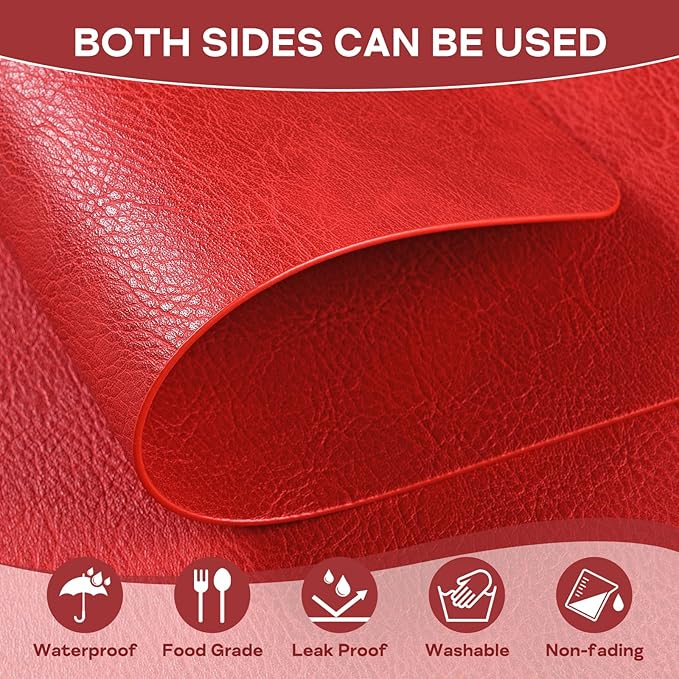 Faux Leather Placemats Set of 6, Washable Place Mats, Wipeable Waterproof Oil-Proof Heat Resistant Table Mats, Non-Slip Vinyl Placemats Rectangular Place Mat for Table Indoor Outdoor (Red)