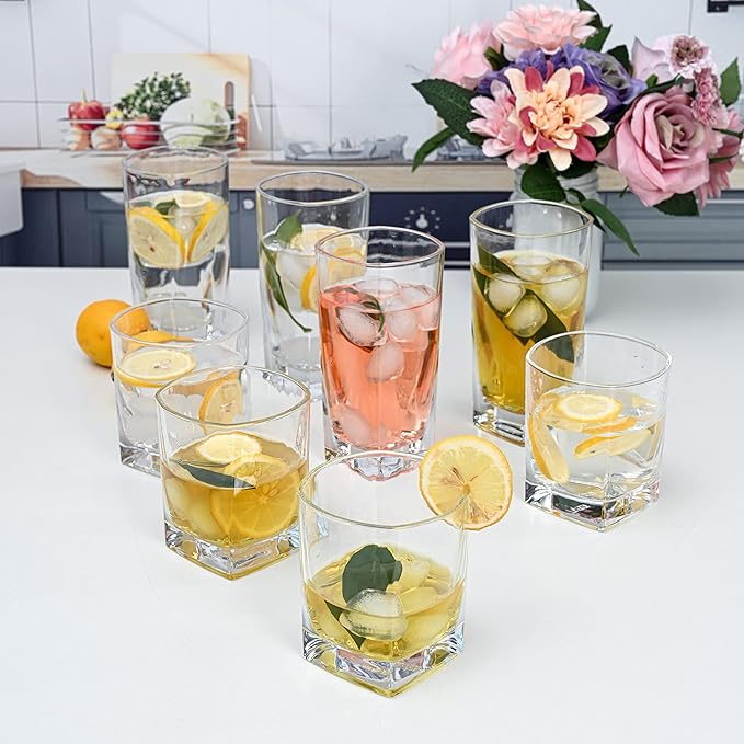 Le'raze Everyday Drinking Glasses Set of 8 Drinkware Kitchen Glasses for Cocktail, Iced Coffee, Beer, Ice Tea, Wine, Whiskey, Water, 4 Tall Highball Glass Cups & 4 Short Old Fashioned.