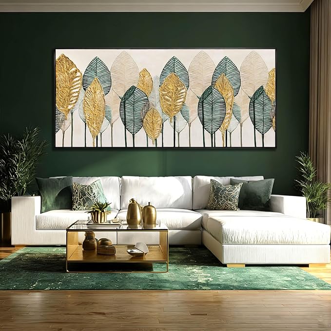 CHUDANHAO Green and Gold Wall Art Leaves Wall Decor Modern Canvas Painting 32"x70" Pictures for Dining Room Area Large Artwork for Living Room